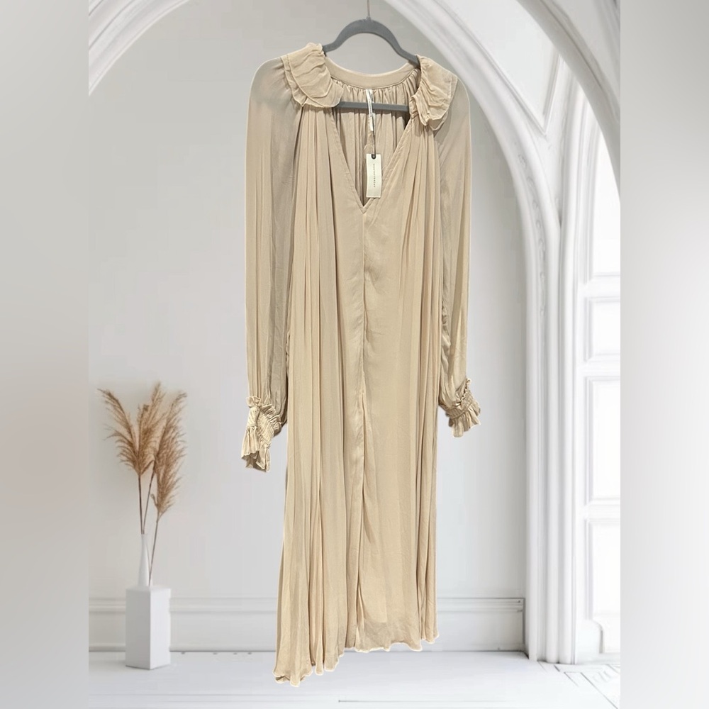 NWT ANTHROPOLOGIE Long Sleeve Sheer Pleated Maxi Dress Neutral XS-M - Picture 7 of 16